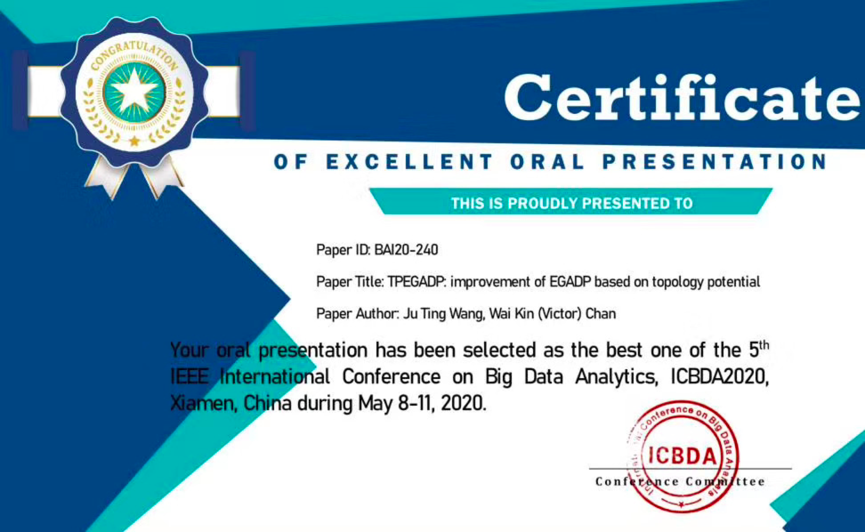 best oral presentation certificate